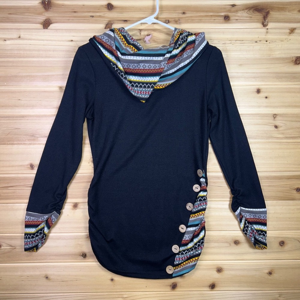 Dressfo Sweater Womens 6 Black Aztec Print Cowl Neck Long Sleeve Hooded Sweater